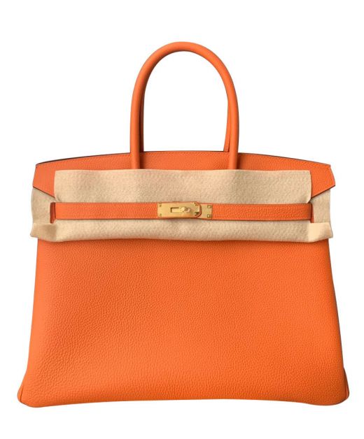 High Quality Orange Togo Leather Belt Strap Birkin 35 Yellow Gold Plated Hardware - Fake Hermes Fancy Flap Women's Handbag