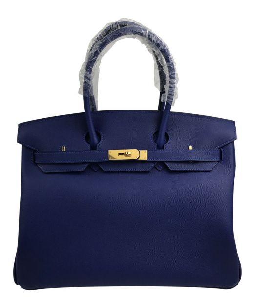 Latest Marine Blue Epsom Leather Women's Birkin 35 Yellow Gold Hardware Belt Strap Round Top Handles - Imitation Hermes Turn Lock Handbag
