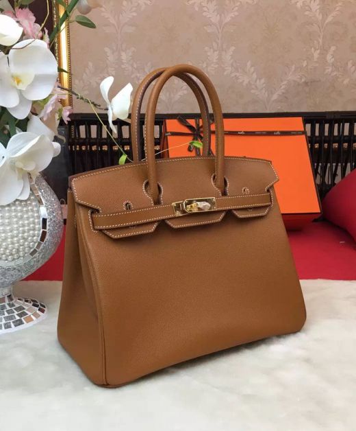 Low Price Brown Epsom Leather Birkin 35 Belt Strap Fancy Flap Yellow Gold Hardware - Faux Hermes Turn Lock Closure Tote Bag Lady