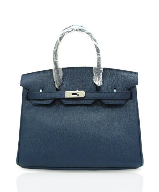 Imitated Hermes Birkin 30 Women's Dark Blue Grainy Cowhide Leather Silver Hardware Turn Lock Round Double Handles Flap Bag