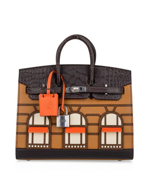 Faux Hermes Birkin 20 Sellier Faubourg Window Pattern Crocodile Leather & Epsom Leather Patchwork Light Coffee Tote Bag