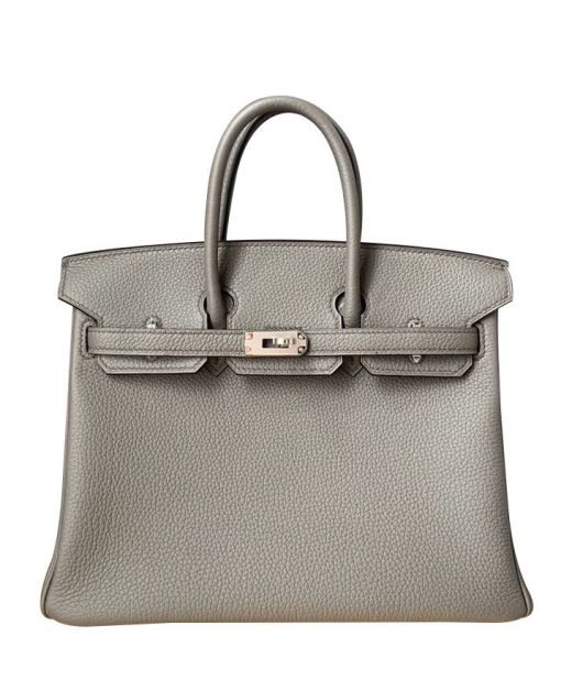 Celebrity Style Palladium Silver Turn Lock Petaloid Flap Birkin 25 Grey Togo Leather - Imitated Double Top Handles Lady Handbag