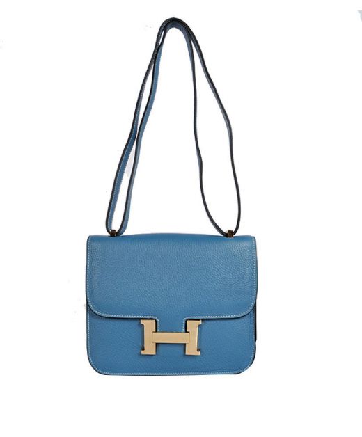 Best Price Vintage Constance Light Blue Cowhide Leather Golden H Snap Button Closure - Replica Hermes Women's 23CM Flap Handbag