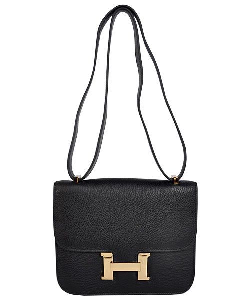 Low Price Vintage Constance H Type Snap Button Closure Adjustable Double Shoulder Straps - Copy Women's Hermes Black Cowhide Leather Bag