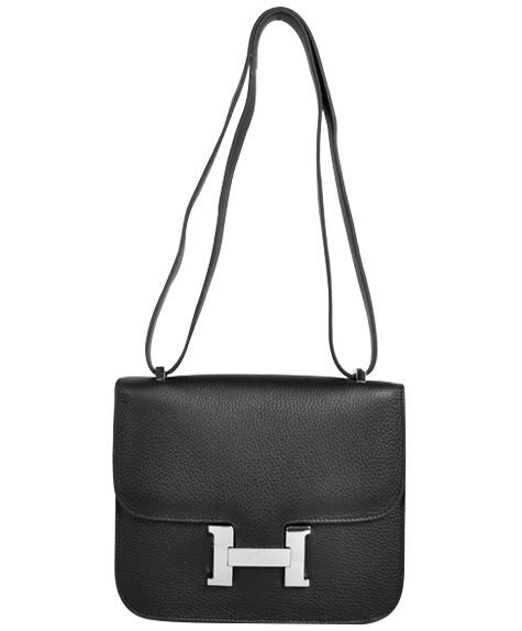 Classic Black Cowhide Leather 23cm Vintage Constance Flap Design - Copy Hermes Silver H Snap Button Closure Famel Crossbody Bag