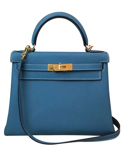 Chic Kelly 25CM Yellow Gold Hardware Cerulean Blue Togo Leather Single Top Handle - Copy Hermes Flap Style Female Crossbody Bag