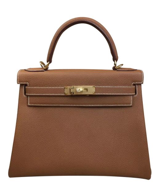 Top Sale Brown Togo Leather Kelly 25 Single Top Handle Turn Lock - Faux Hermes Blet Strap Flap Crossbody Bag