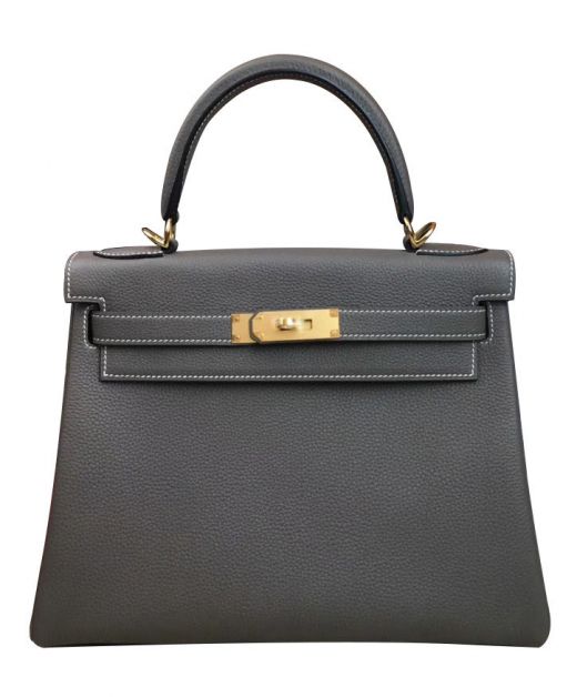 Best Kelly 25 Dark Grey Togo Leather Yellow Gold Hardware Belt Strap - Replica Hermes Turn Lock Style Women's Tote Bag