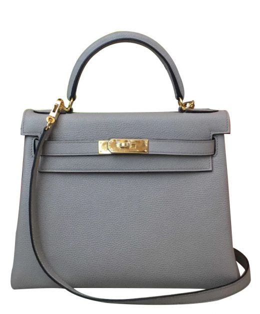 Imitation Hermes Kelly 25 Grey Togo Leather Flap Design Yellow Gold Turn Lock Female Top Handle Shoulder Bag