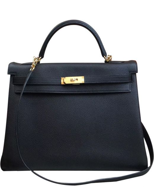 High Quality Kelly  35 Black Togo Leather Single Top Handle Golden Turn Lock - Imitation Hermes Female Flap Crossbody Bag 