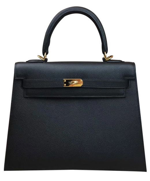 Classic Black Epsom Leather Kelly 28 Single Top Handle Turn Lock - Fake Hermes Golden Hardware Belt Strap Handbag