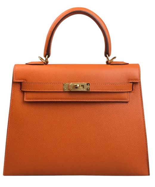 Fashion Kelly 28 Orange Epsom Leather Belt Strap Detail Single Top Handle - Replica Hermes Golden Hardware Female Turn Lock Bag