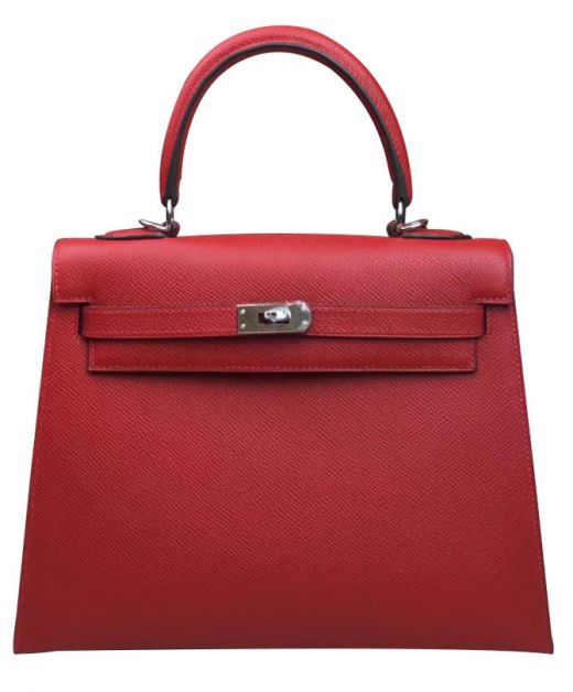 Classic Red Epsom Leather Silver Hardware Kelly 28 Single Top Handle - Clone Hermes Lady Turn Lock Flap Crossbody Bag