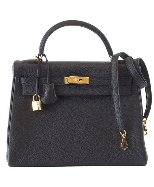 Classic Fashion Kelly 28CM Black Cowhide Leather Simple Flap Design Belt Strap - Faux Hermes Ladies Turn Lock Tote Bag