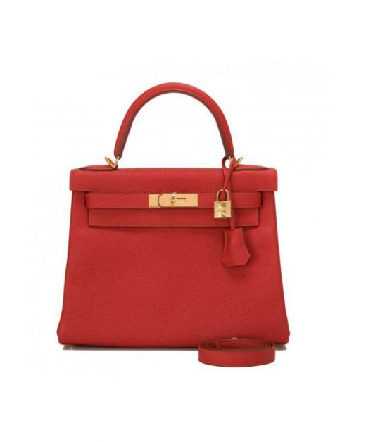 Hot Selling Yellow Gold Plated Hardware Red Cowhide Leather Kelly 28CM - Copy Hermes Turn Lock Tote Bag For Ladies Online