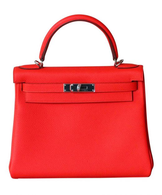 Imitation Hermes Kelly 28 Red Cowhide Leather Silver Hardware Belt Strap Turn Lock Tote Bag For Ladies Online