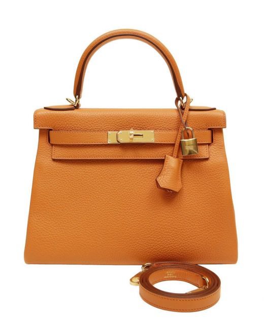 Fashion Kelly 25 Orange Cowhide Leather Yellow Gold Hardware Turn Lock Single Handle - Replica Hermes Belt Strap Flap Bag For Ladies