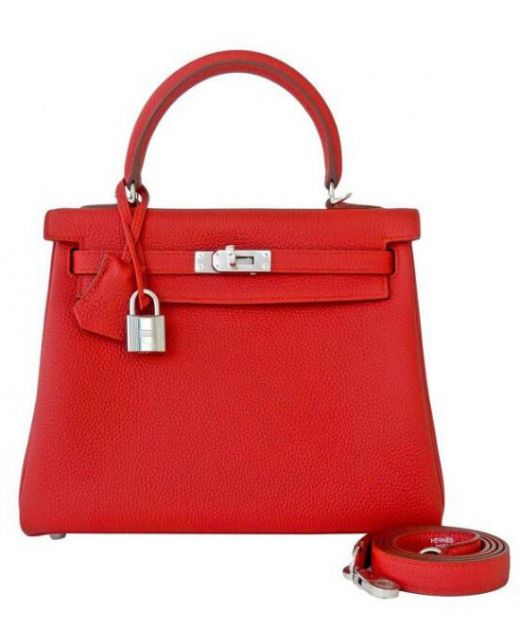 Spring Fashion Red Cowhide Leather Belt Strap Single Top Handle Kelly 25 - Imitation Silver Hardware Flap Tote Bag Online