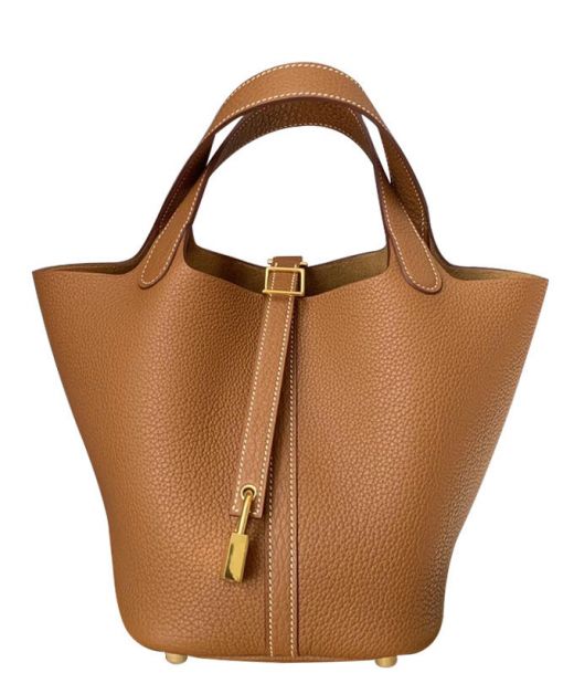Fashion Picotin Brown Cowhide Leather Yellow Gold Pad Lock Detail - Replica Hermes  Shaped Falt Handles Quadrate Bag