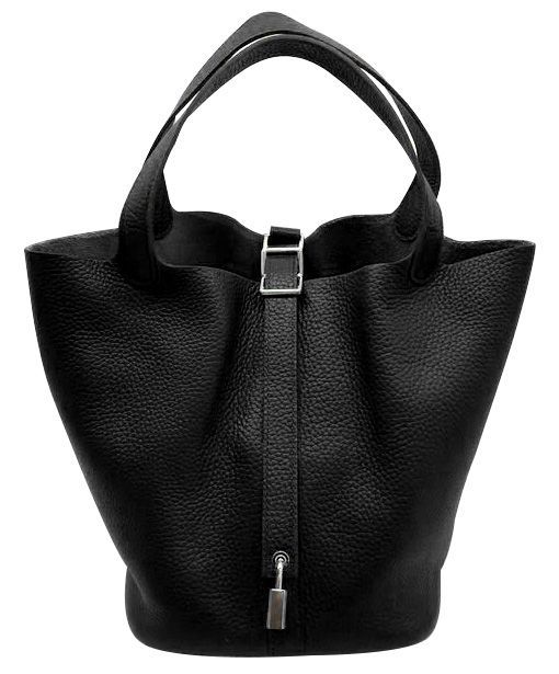 New Picotin Black Cowhide Leather 22CM Belt Strap Detail Flat Top Handles - Phony Hermes Women's Square Style Bucket Bag