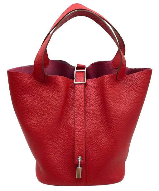 Top Sale Picotin Silver Buckle Padlock Detail Red Cowhide Leather - Fake Hermes Belt Strap Design 22CM Tote Bag