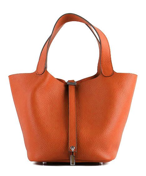 Imitated Hermes Picotin Double Flat Arm-carry  Strap Belt Strap Detail Orange Cowhide Leather Tote Bag For Ladies