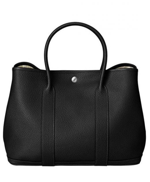 Replica Hermes Garden Party Double Rolled Top Handles Snap Button Top & Sides Black Cowhide Leather Shoulder Bag For Ladies