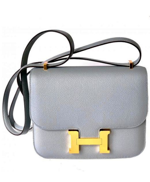 Imitation Hermes Silver Epsom Leather H Shaped Snap Button Closure Women's 24CM  Double Compartments Bag