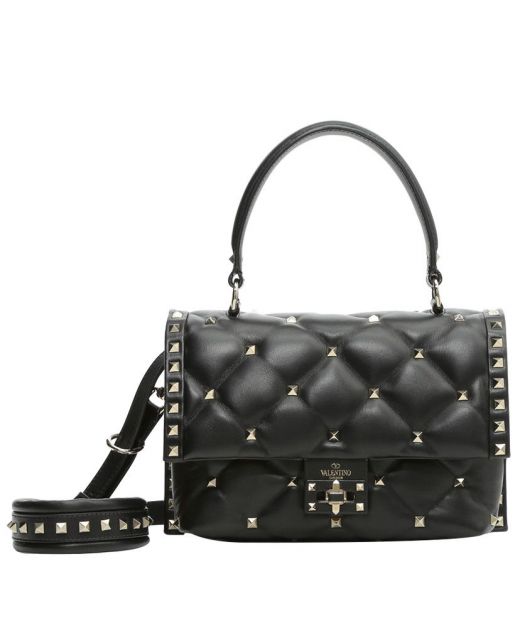 Women's Black Leather Gold Studs Detachable Shoulder Strap - Cheapest Faux Valentino Candystud Top Handle Bag Website USA