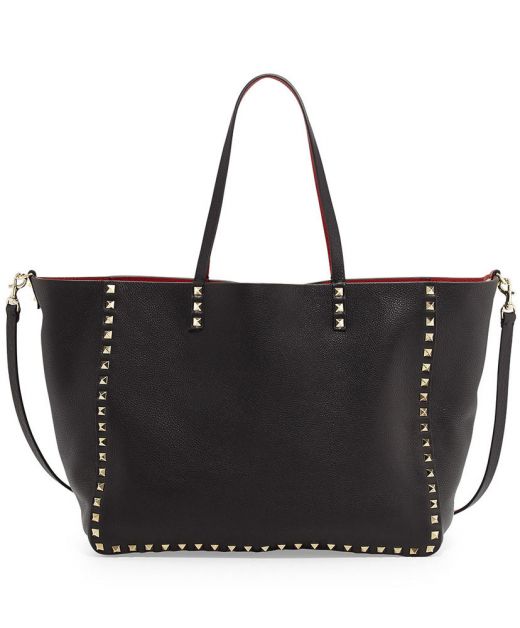 Female Black & Red Grainy Calfskin Leather Brandname Lettering - Imitated Valentino Rockstud Double-Sided Shoulder Bag