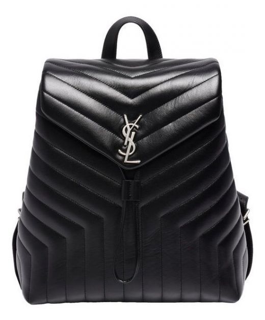 Online Black V-Quilted Leather Flap Drawstring Closure Silver Hardware YSL Logo LouLou—Fake Saint Laurent Unisex Backpack