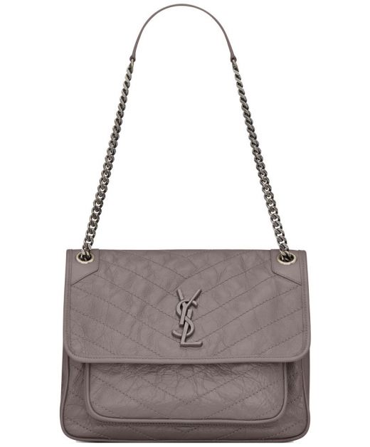 Imitated Saint Laurent Niki Grey Leather V Quilted Line Magnetic Closure YSL Logo Sliding Strap Vintage Women'S Bag