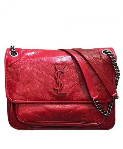 Low Price Bright Red Crinkled Leather Flap Design YSL Logo Silver Chain Niki—Replica Saint Laurent Shoulder Bag For Ladies