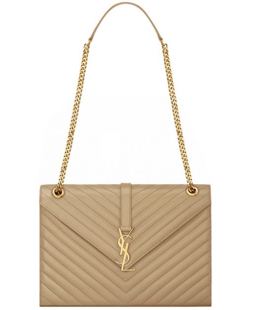 Cheapest Beige V Quilted Leather Magnetic Closure Flap YSL Logo Top Gold Chain Monogram—Fake Saint Laurent Ladies Bag