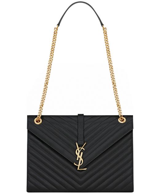 Classic Black Grained Calfskin V-Quilted Envelope Flap Gold YSL Logo Monogram—Replica Saint Laurent Shoulder Bag For Ladies