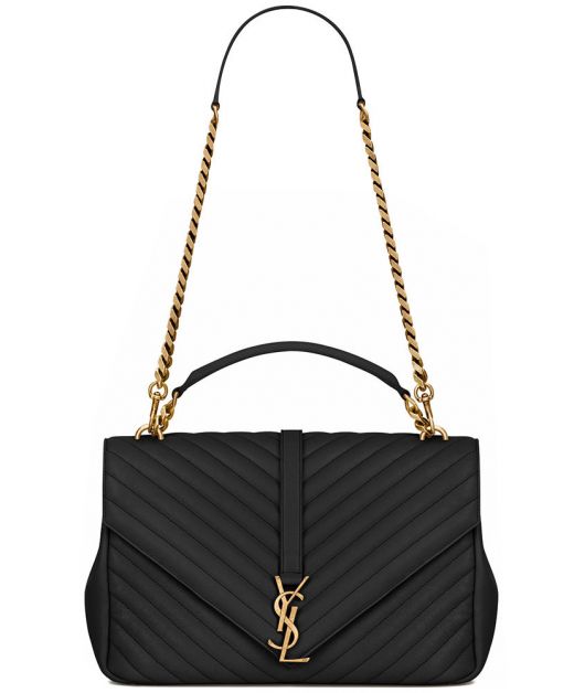 Replica Saint Laurent College Black V Quilted Leather Envelope Flap Top Handle Metal YSL Logo Ladies Business Shoulder Bag