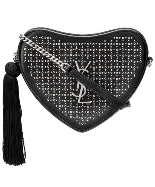 Chic Black Leather Silver YSL Logo Studs Coeur—Imitated Saint Laurent Women's Heart Zip Closure Bag