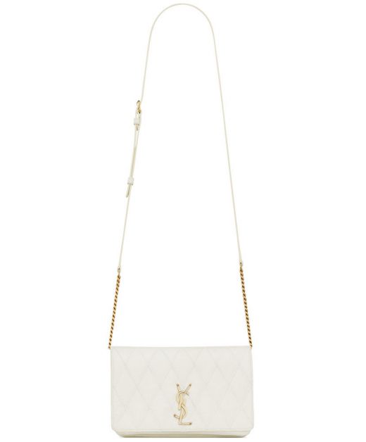 Fake Saint Laurent Angie White Lambskin Plaid Quilted Magnetic Closure Flap Gold Hardware YSL Logo Women'S Chain Bag