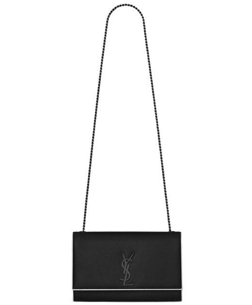 For Sale Black Calfskin Same Tone Hardware YSL Logo White Trim Kate—Fake Saint Laurent Crossbody Bag For Ladies
