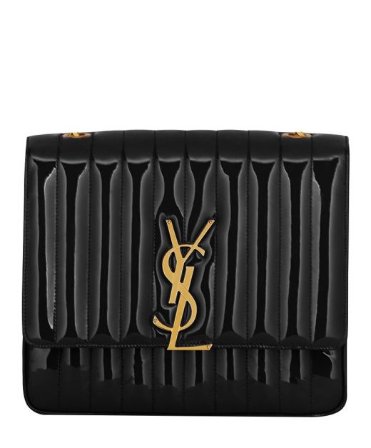 Replica Saint Laurent Vicky Patent Leather Gold YSL Logo Flap Magnetic Button Design Women Cute Black Saddle Bag