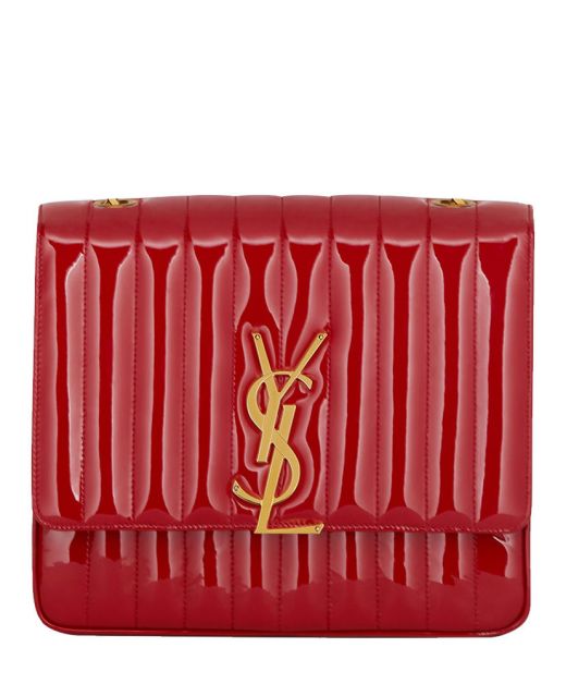 Chic Red Patent Leather Vertical Quilted Flap Gold Interlocking YSL Vicky—Faux Saint Laurent Women's Crossbody Bag