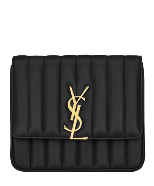 Best Black Vertical Quilted Leather Flap Gold YSL Interlocking Logo Vicky—Clone Saint Laurent Crossbody Bag For Ladies