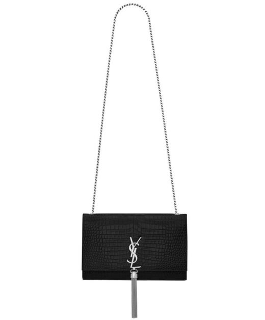 Low Price Black Crocodile Embossed Leather Silver YSL Letter Tassel Magnetic Closure Flap—Clone Saint Laurent Women'S Shoulder Bag