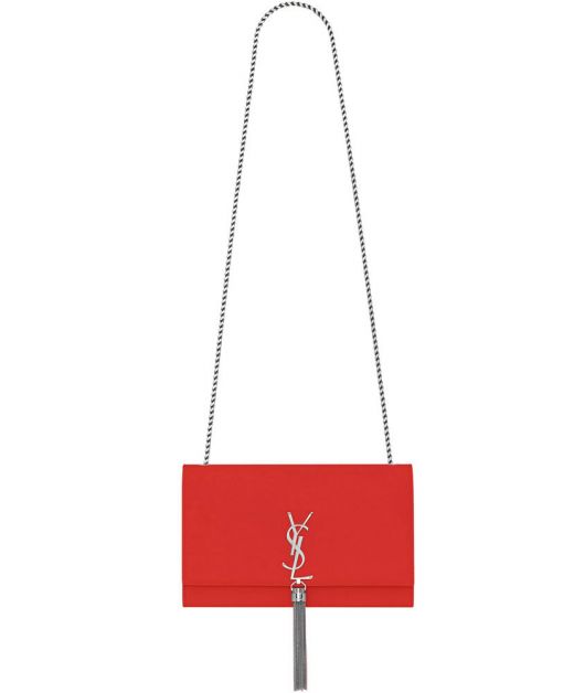 Discounted Watermelon Red Leather Silver Hardware Flap Closure YSL Letters Fringe Detail Kate—Fake Saint Laurent Women'S Shoulder Bag
