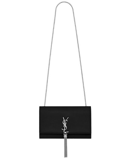 Hot Selling Black Grained Leather Magnetic Closure Flap Silver YSL Logo Tassel Detail—Replica Saint Laurent Chain Bag For Ladies