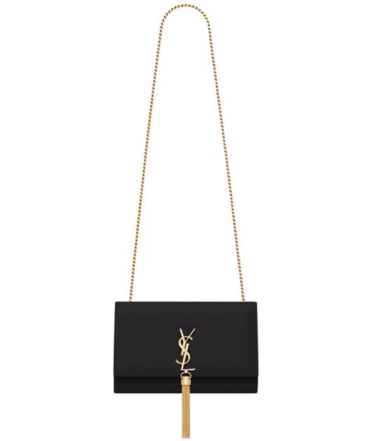 Chic Black Leather Gold YSL Logo Fringe Detail Magnetic Flap Kate Monogram—Imitated Saint Laurent Women'S Crossbody Bag
