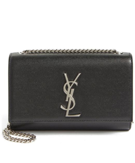 Clone Saint Laurent Kate Silver Hardware Flap Design YSL Letter Logo Black Grain De Poudre Leather Shoulder Bag For Ladies