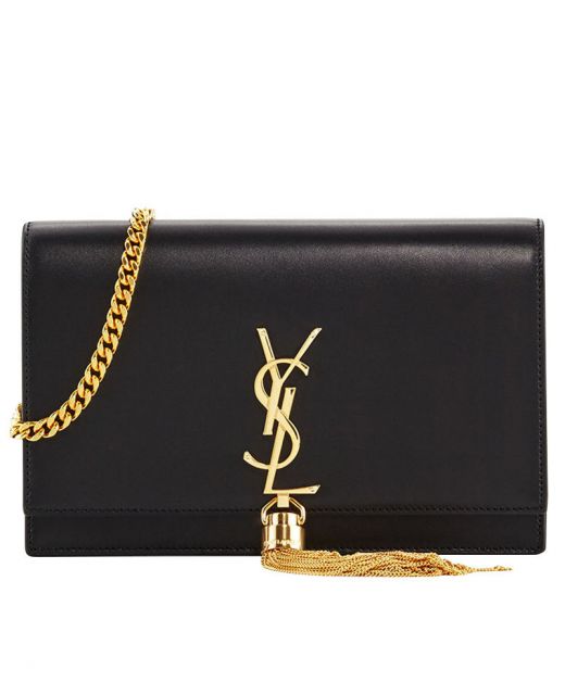 Classic Black Leather Magnetic Flap Closure Gold YSL Logo Fringe Detail Kate—Replica Saint Laurent Chain Bag For Female