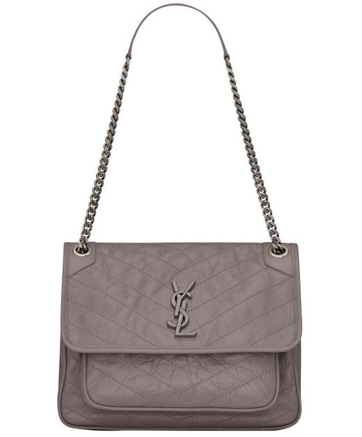 Best Website Light Grey Leather Silver Hardware Covered YSL Logo Front Flap Niki—Clone Saint Laurent Vintage Women'S Bag