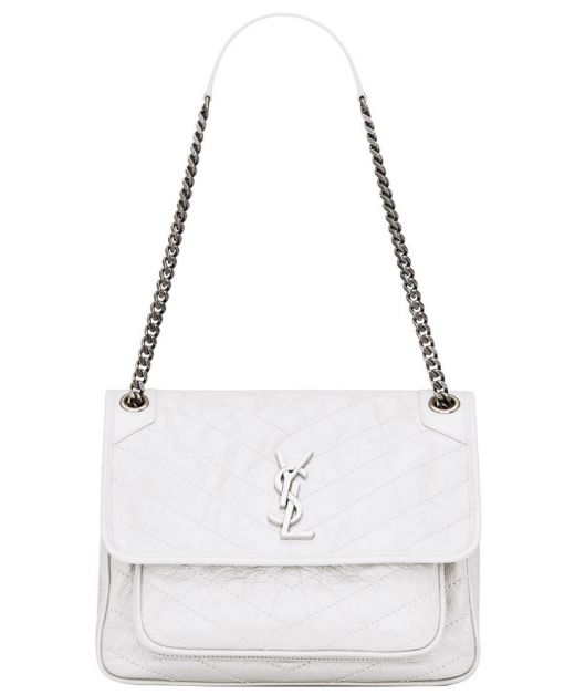 Online White V Quilted Lines Silver YSL Letter Logo Flap Magnetic Closure Niki—Replica Saint Laurent Crossbody Bag For Female